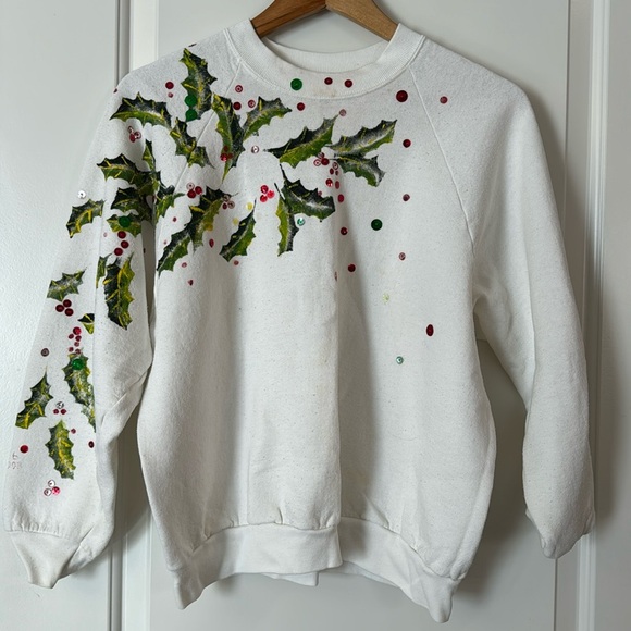 Unique Hand-Painted Vintage Ugly Christmas Sweater mistletoe sequence size Large - Picture 1 of 13